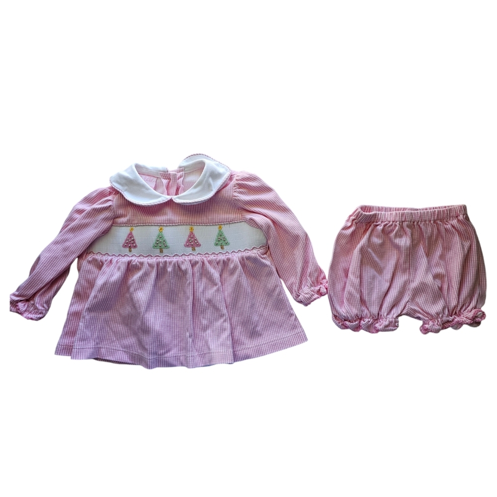 Smocked Christmas Tree Bloomer Set Toddler Girl 12 Months Winter Outfit